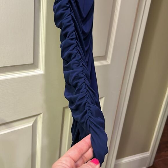 Alice + Olivia Women XS Stretchy Cowl Neck Form fitting Navy Blue Cocktail Dress - Picture 9 of 16